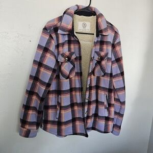 Sage Collective Women's Large Purple Plaid Shacket Sherpa Jacket Pink Orange Top